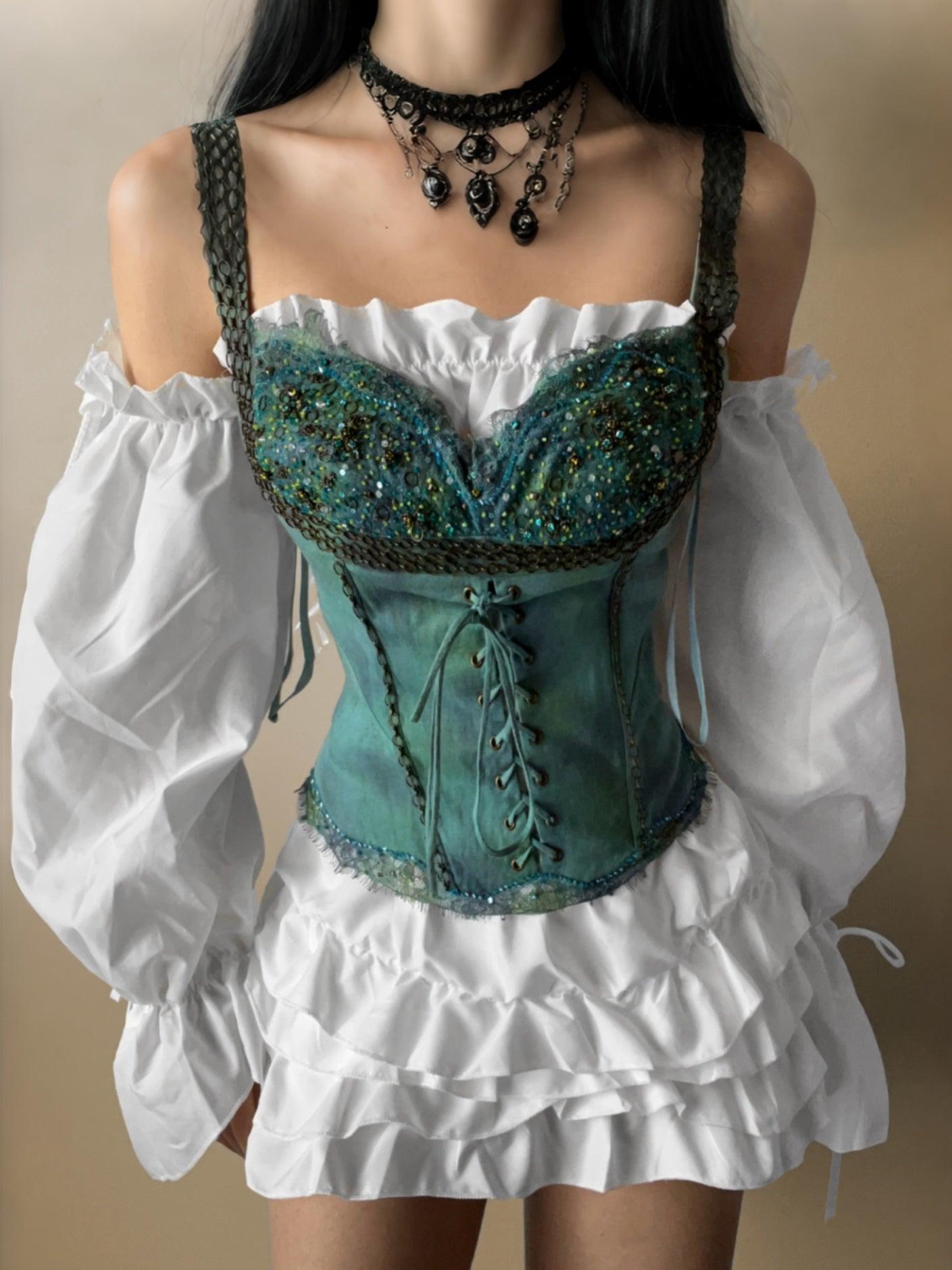 corset top victorian dreamy fairycore mermaid embroidered antique bustier - shoplifts