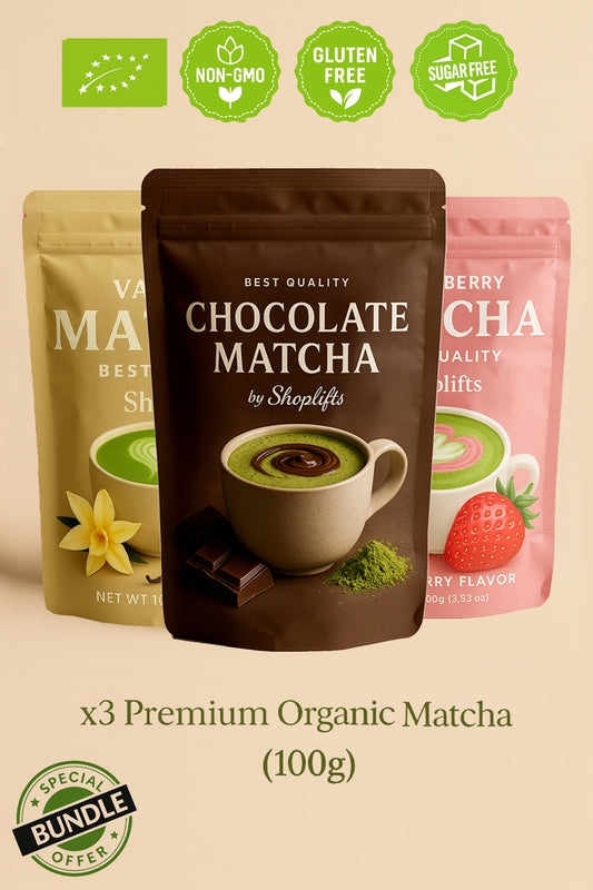 Chocolate Matcha package with other matcha flavors on a beige background