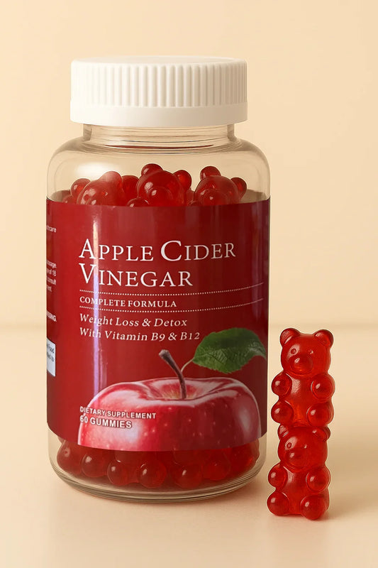 Jar of apple cider vinegar gummies with a single gummy next to it on a beige background