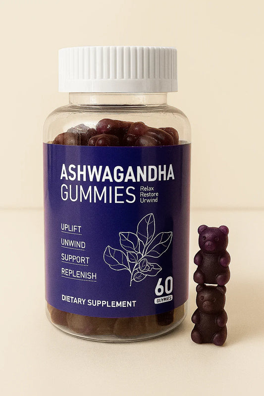 Bottle of Ashwagandha gummies with a stack of gummies on a beige background