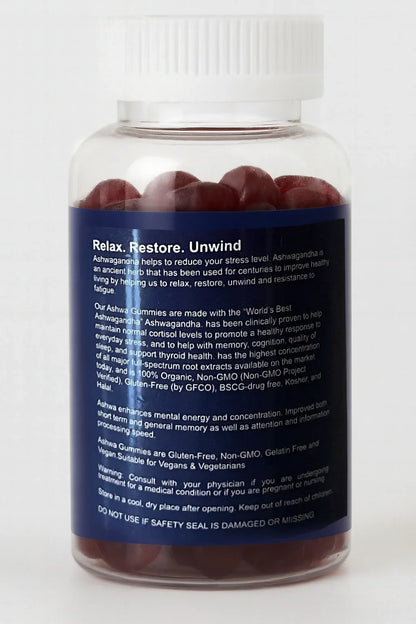 Bottiglia di capsule rosse Gommini Ashwagandha con etichetta blu su sfondo bianco