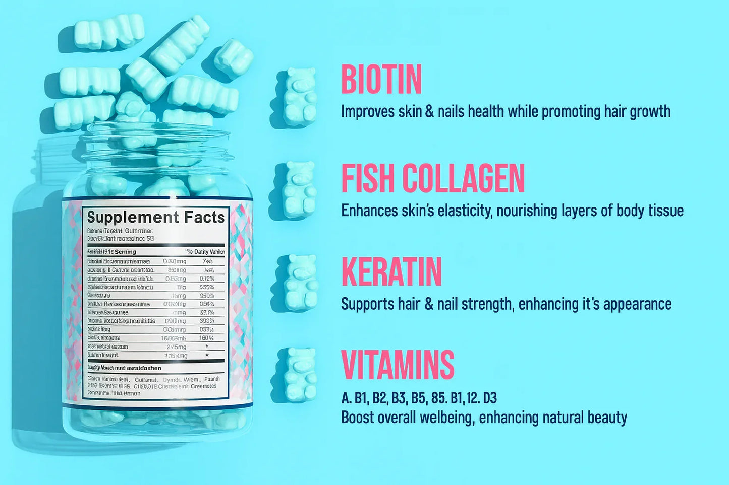 bottiglia di integratori con etichetta dei valori nutrizionali su uno sfondo blu, contenente testo su biotina, collagene di pesce, cheratina e vitamine.