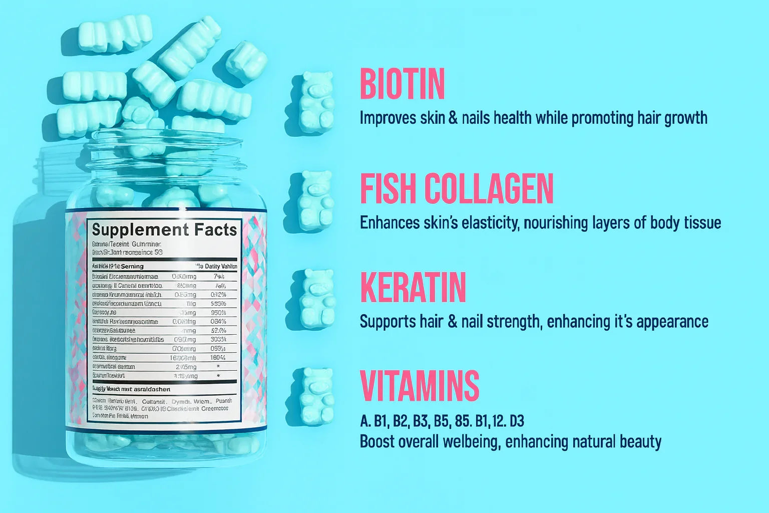 Bottiglia di integratori con etichetta dei valori nutrizionali su uno sfondo blu, contenente testo su biotina, collagene di pesce, cheratina e vitamine.