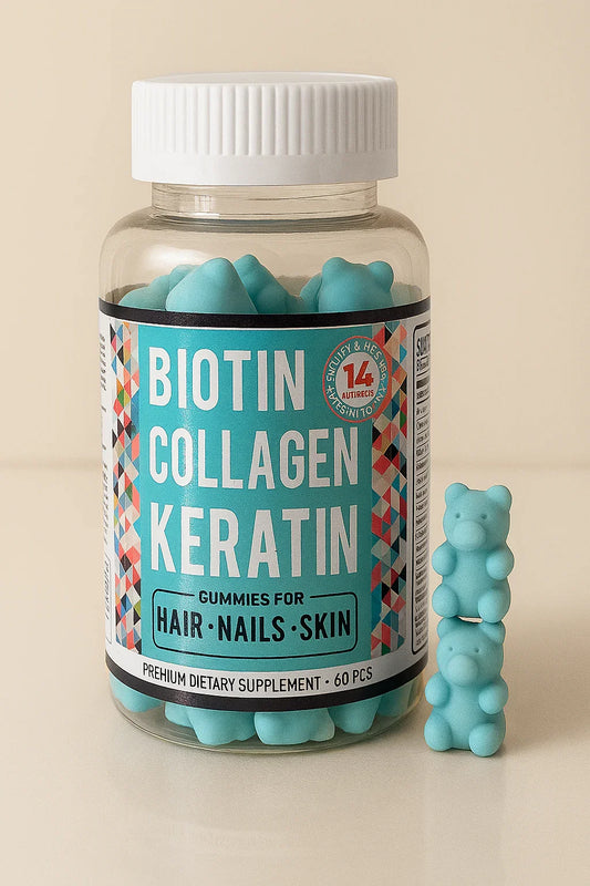 Bottle of Biotin Collagen Keratin gummies with a label and two blue gummy bears on a beige background