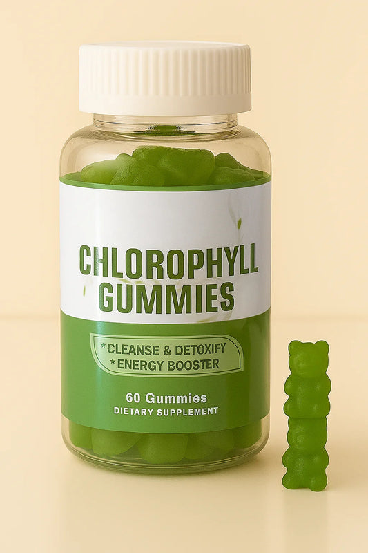 Bottle of Chlorophyll Gummies with a gummy bear on a beige background
