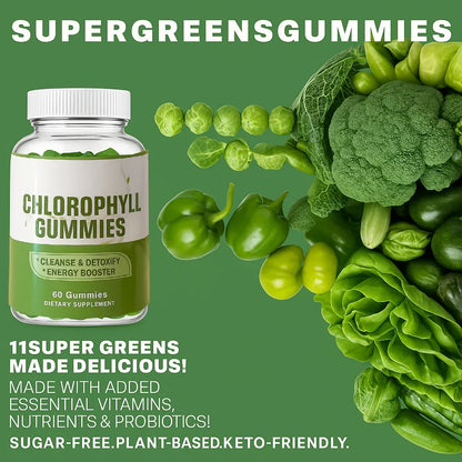 Packaging di gummy supergreens con verdure verdi su uno sfondo verde