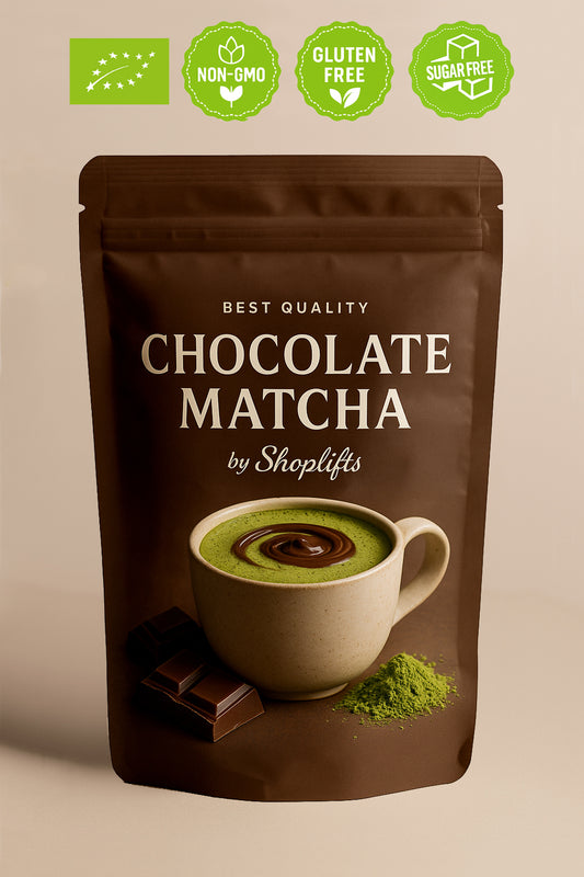 Chocolate Matcha package with branding and product details on a beige background