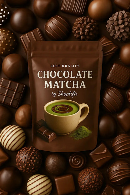 Pacchetto di Matcha al cioccolato circondato da vari cioccolatini su uno sfondo scuro