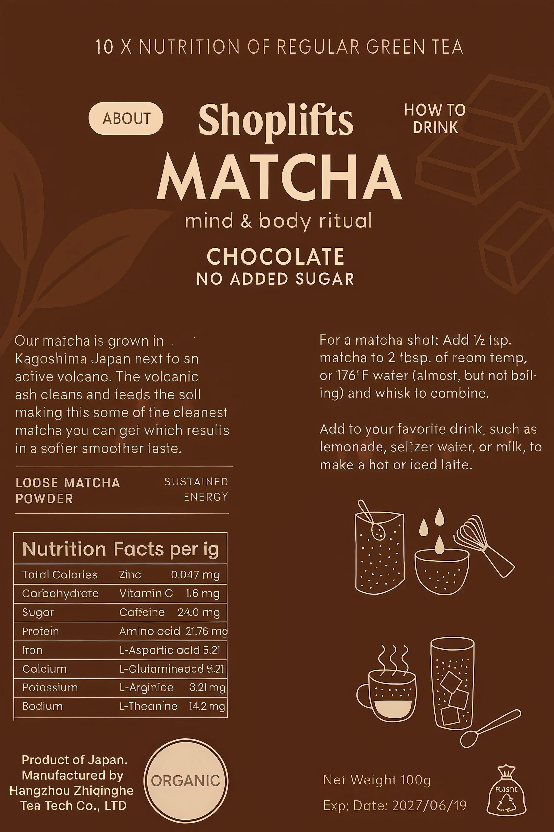 Imballaggio del cioccolato Matcha Shoplifts con informazioni nutrizionali e istruzioni per l'uso.