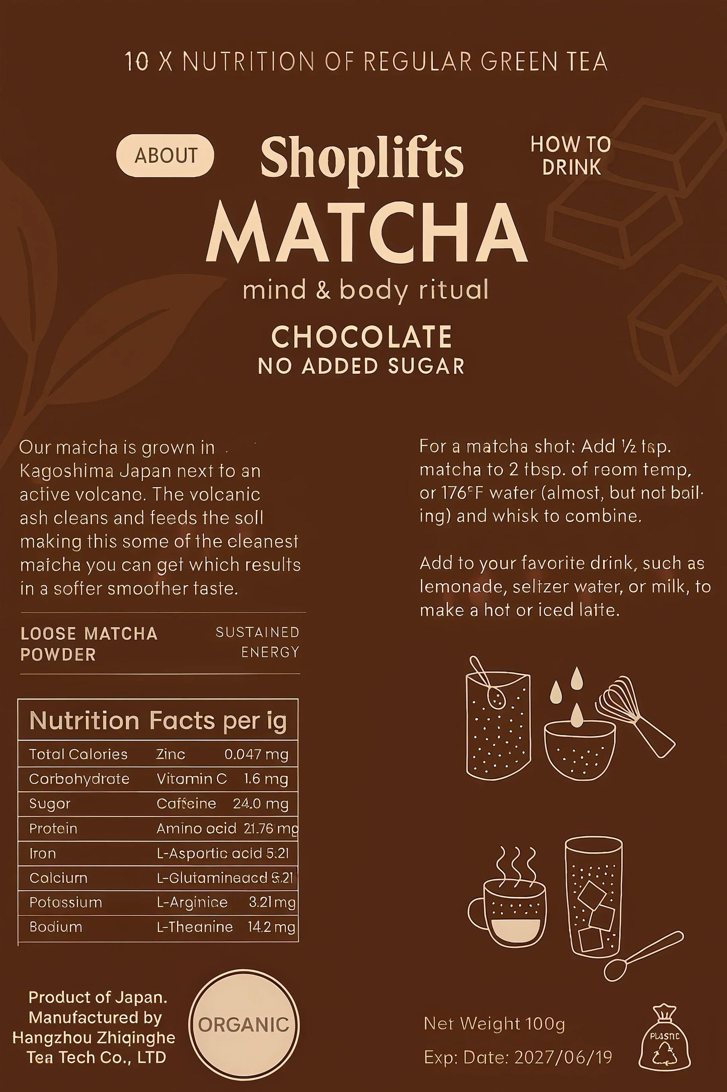 imballaggio del cioccolato matcha shoplifts con informazioni nutrizionali e istruzioni per l'uso.