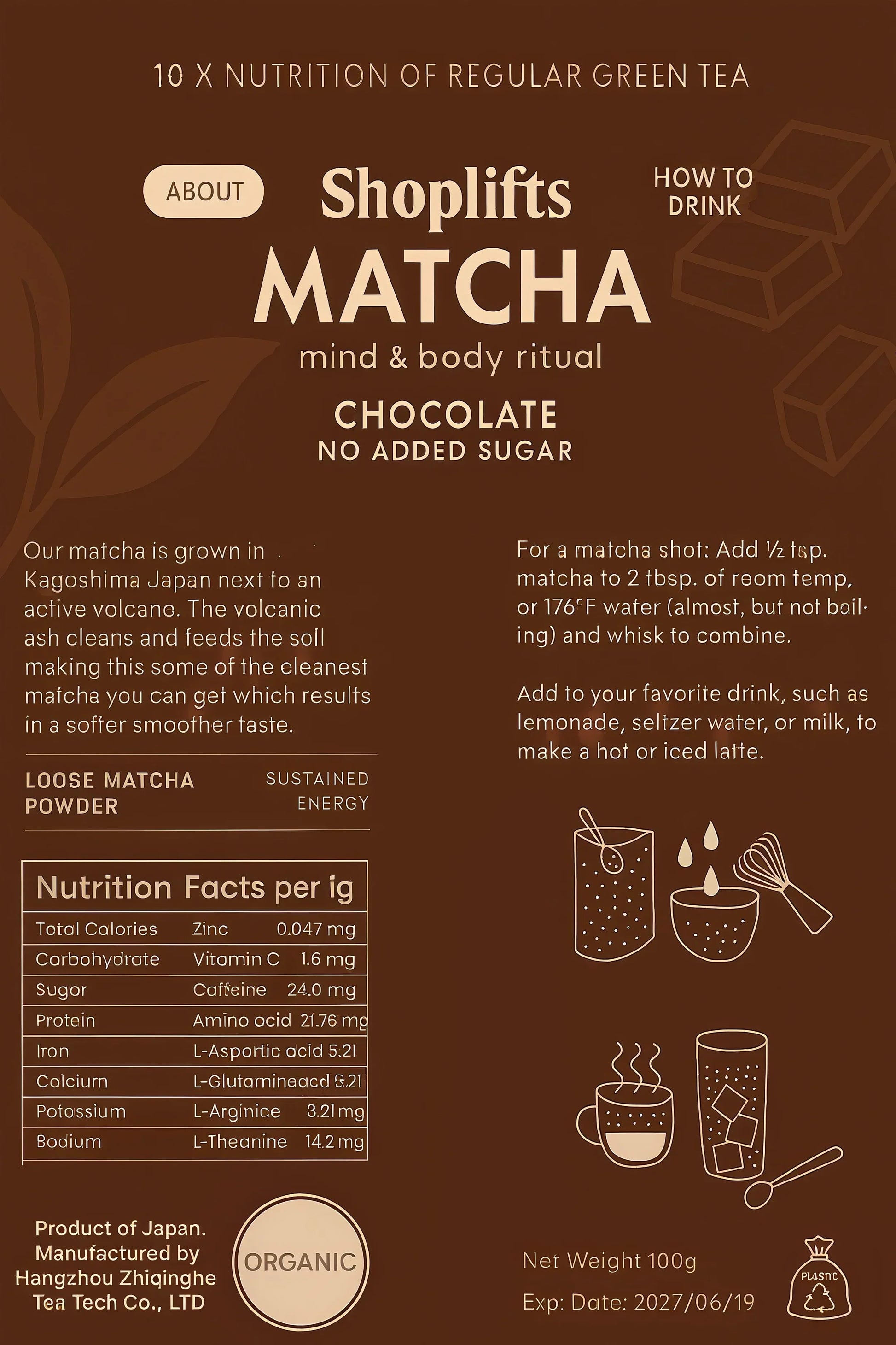 Imballaggio del cioccolato Matcha Shoplifts con informazioni nutrizionali e istruzioni per l'uso.
