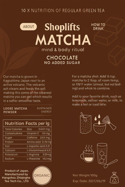 Imballaggio del cioccolato Matcha Shoplifts con informazioni nutrizionali e istruzioni per l'uso.