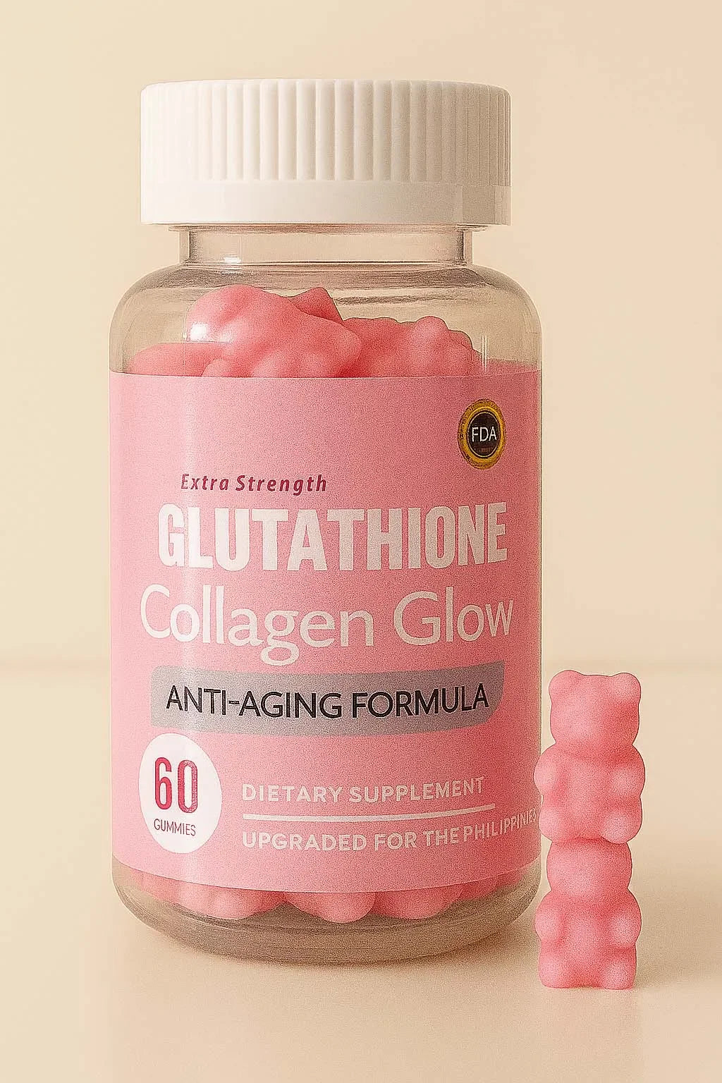 bottiglia di integratori alimentari di glutatione collagene glow con un orsetto gommoso rosa su uno sfondo beige