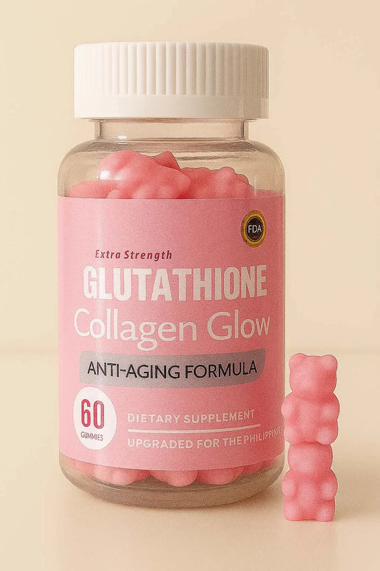 Bottle of Glutathione Collagen Glow dietary supplements with a pink gummy bear on a beige background
