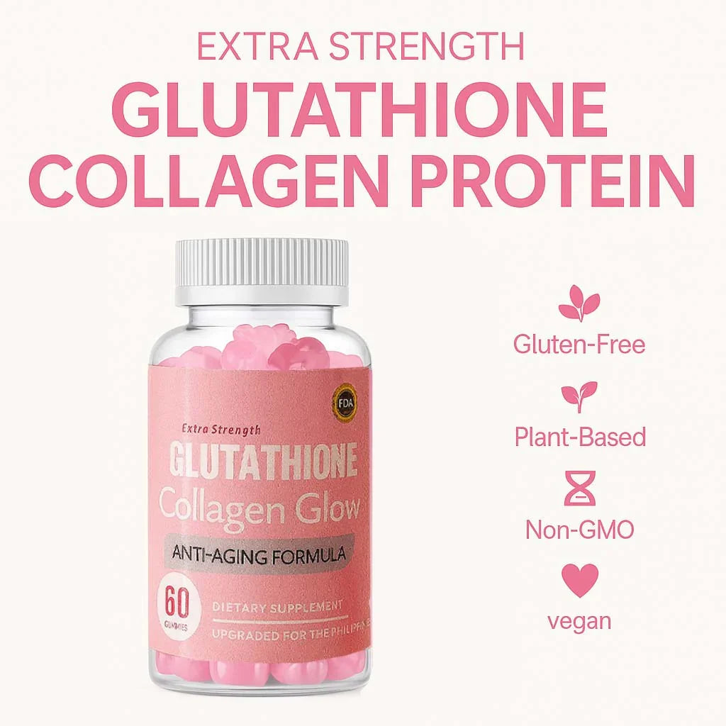 Bottiglia di integratore di proteine collagene al glutatione con etichetta rosa su sfondo bianco