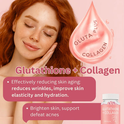 Pubblicità per il prodotto Glutatione + Collagene con il viso di una donna e il packaging del prodotto.