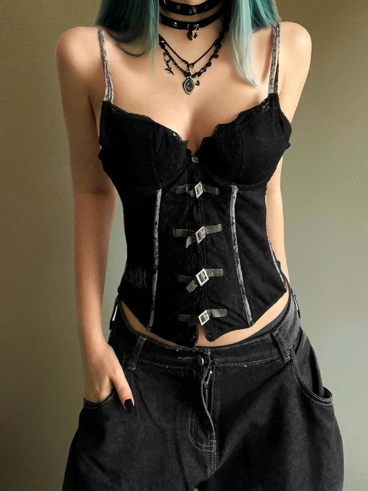 Vintage 2k Emo / Cybergoth Lolita coquette babydoll bustier laced corset top - Shoplifts