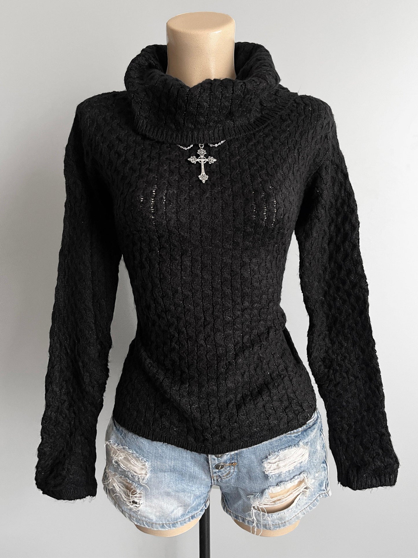 black turtleneck chunky knit sweater jumper | y2k gothic emo - shoplifts