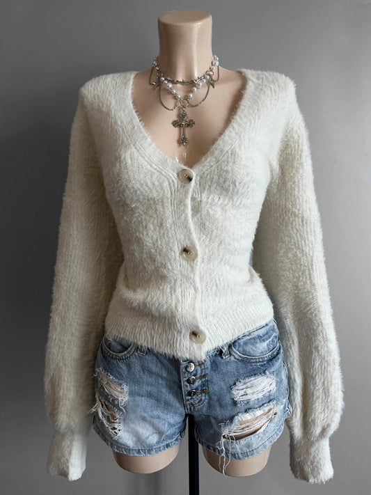 Y2k 00's Fluffy Cardigan Sweater | Vintage Fairycore Aesthetic - Shoplifts