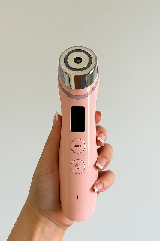 Pink electronic device held in a hand against a light gray background