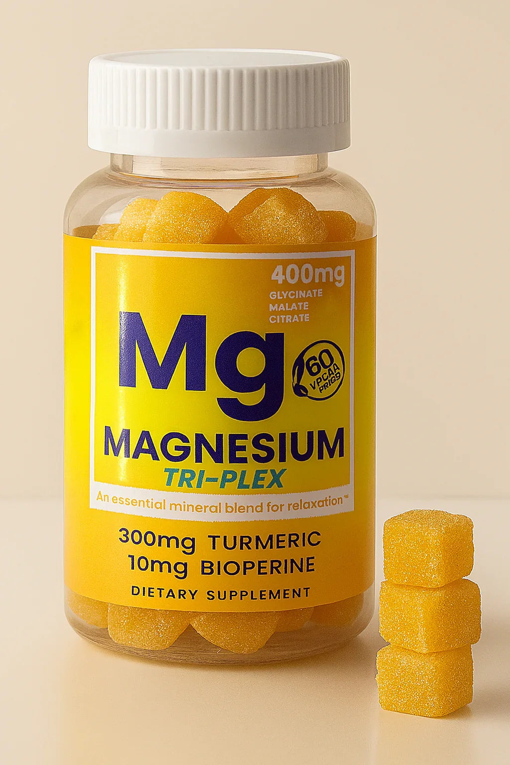 bottiglia di integratore etichettata 'mg magnesio tri-plex' con capsule gialle su uno sfondo beige