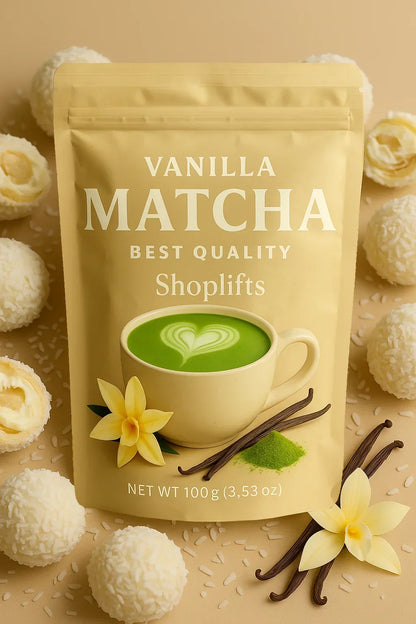 Vanilla matcha product packaging with vanilla flowers and vanilla beans on a beige background