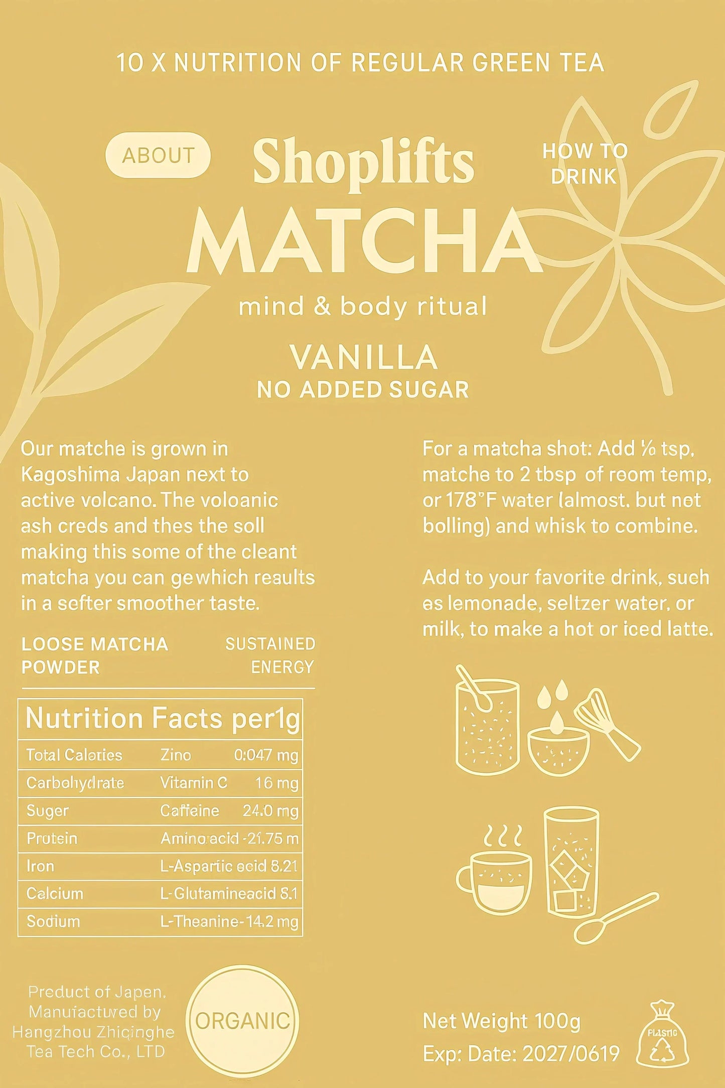 imballaggio del prodotto matcha con informazioni nutrizionali e istruzioni per l'uso su uno sfondo beige.