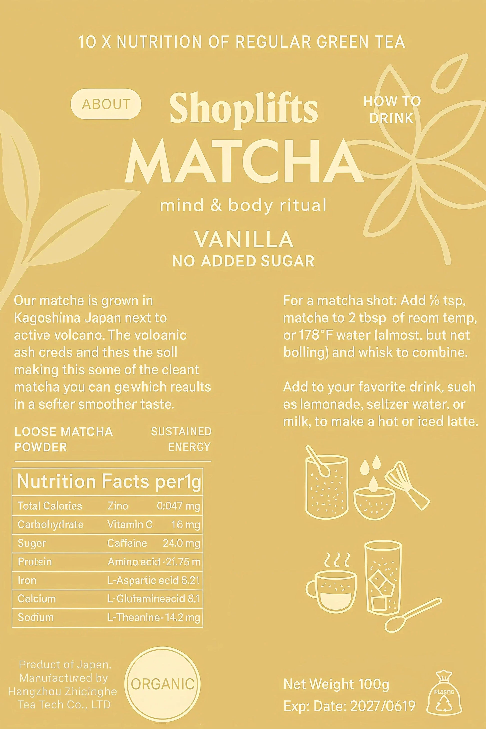 Imballaggio del prodotto Matcha con informazioni nutrizionali e istruzioni per l'uso su uno sfondo beige.