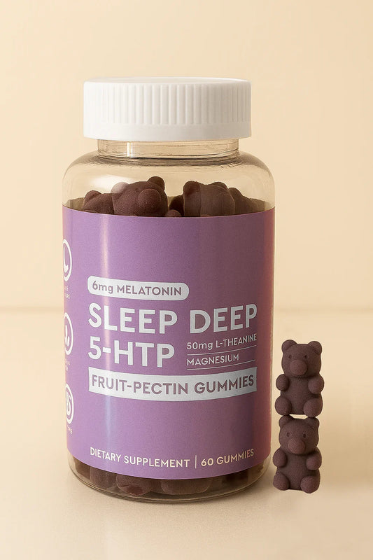 Jar of Sleep Deep 5-HTP gummy supplement with a purple label on a beige background
