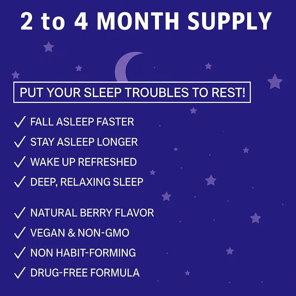 grafica promozionale per un aiuto al sonno con benefici e caratteristiche su uno sfondo blu con stelle e luna.