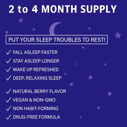 Grafica promozionale per un aiuto al sonno con benefici e caratteristiche su uno sfondo blu con stelle e luna.