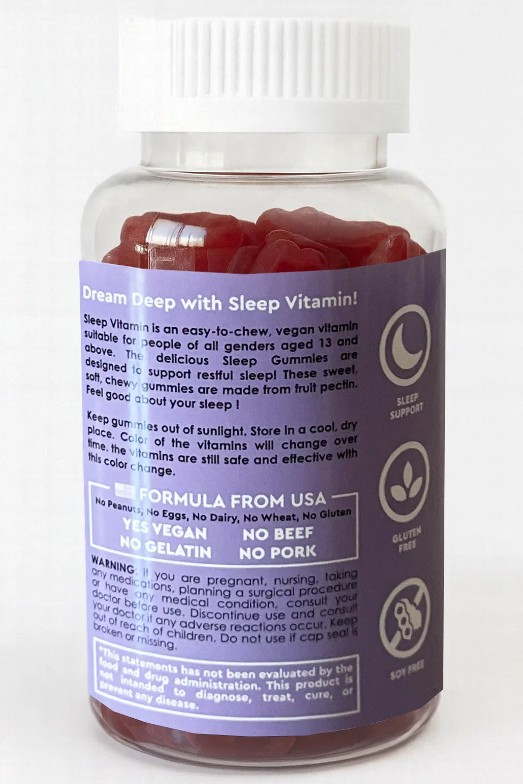 bottiglia di gummy vitaminici per il sonno con etichetta su sfondo bianco