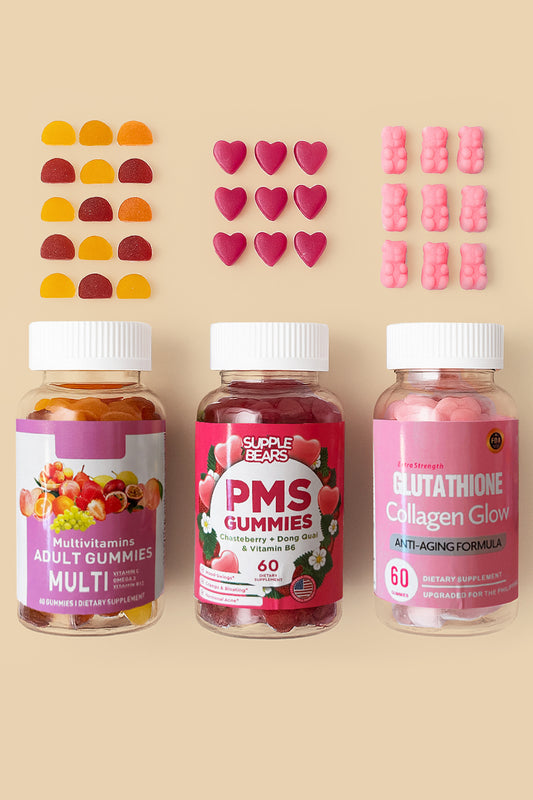 Three supplement bottles with colorful gummy representations on a beige background