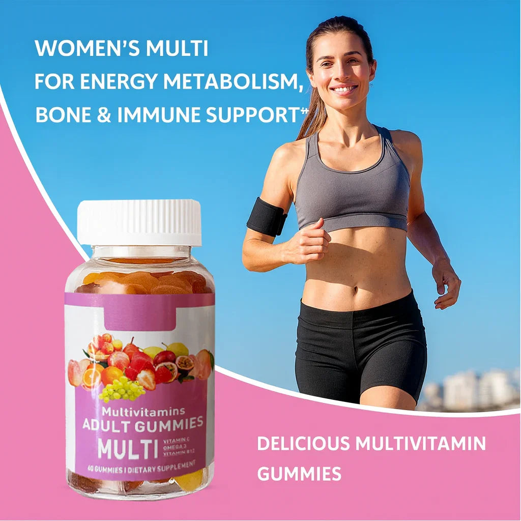 Bottiglia di gomma multivitaminica con una donna che corre su uno sfondo blu