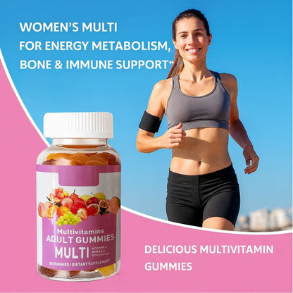 Bottiglia di gomma multivitaminica con una donna che corre su uno sfondo blu