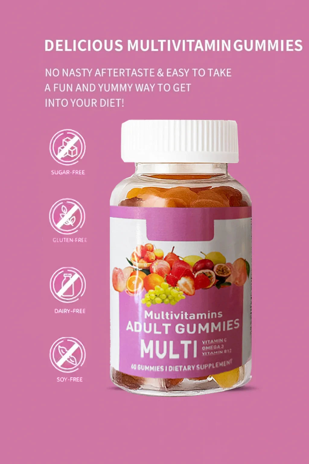 Imballaggio di gummy multivitaminici con uno sfondo rosa e testo che evidenzia i benefici.