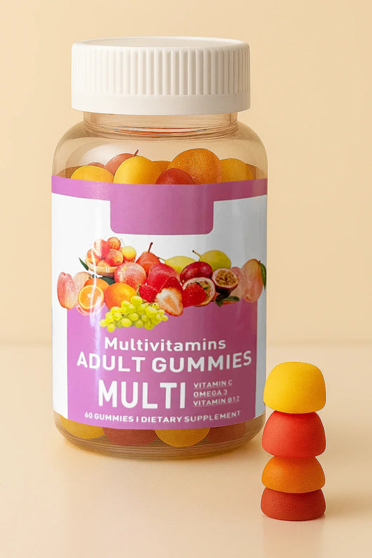 Multivitamin gummy supplement bottle with colorful gummies on a beige background