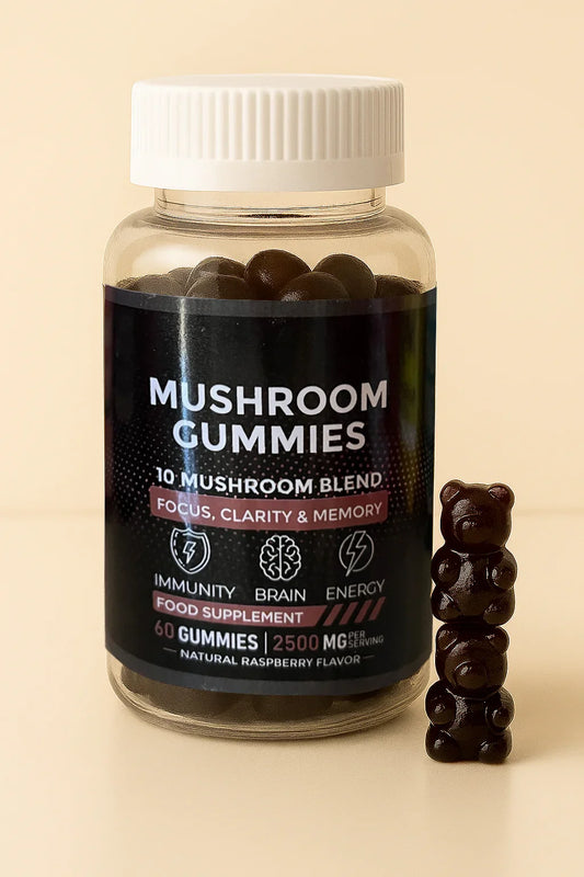 Bottle of Mushroom Gummies with a gummy bear on a beige background