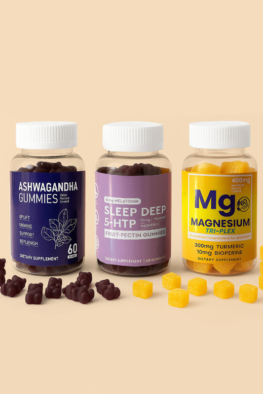 Three supplement bottles with different flavors on a beige background