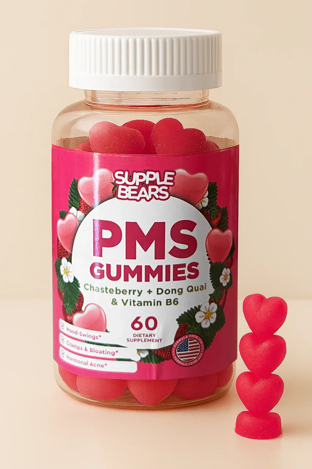 Bottiglia di gomme PMS dei Supple Bears con orsetti di gomma rosa su uno sfondo beige.