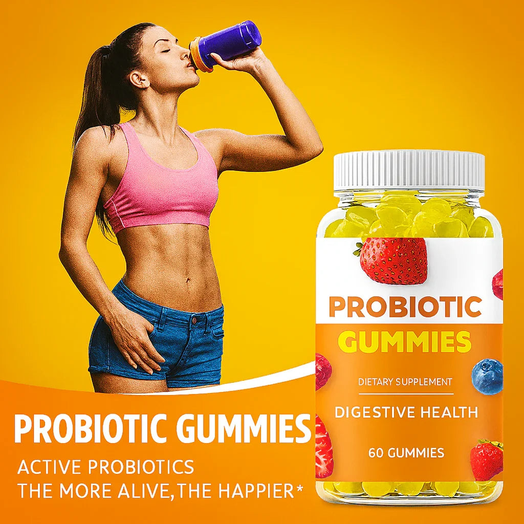 donna che beva da un contenitore di integratori con caramelle gommose probiotiche su uno sfondo arancione