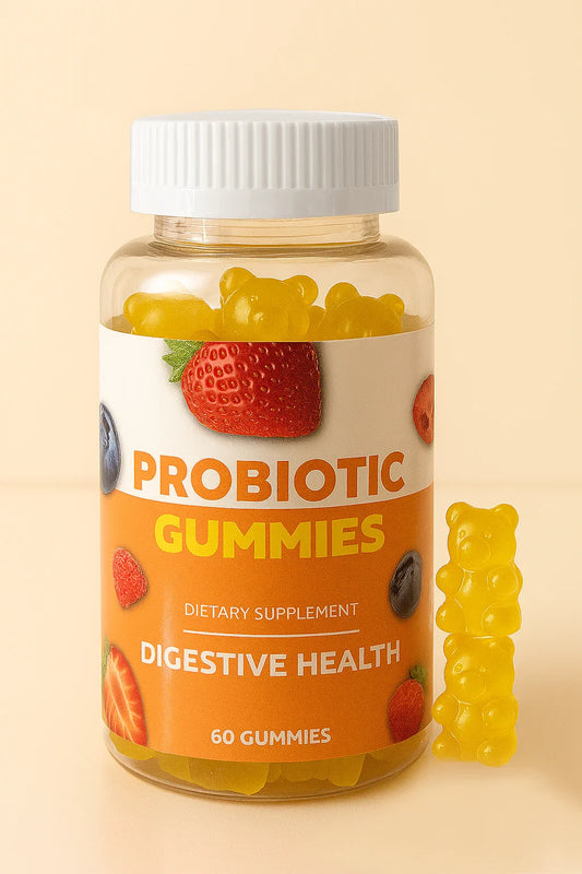 Probiotic gummies dietary supplement bottle with a gummy bear on a beige background
