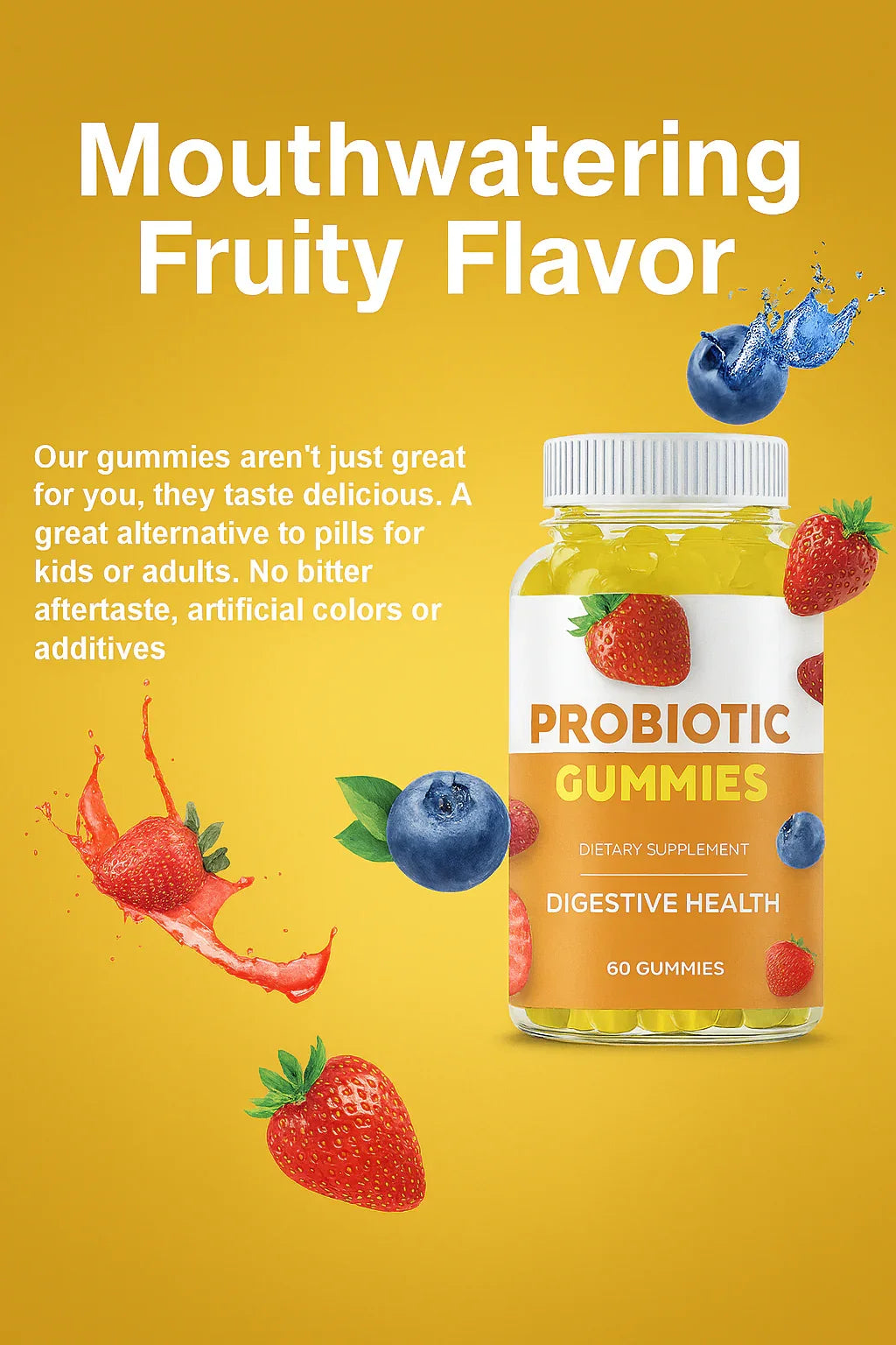 Confezione di gummy probiotici con fragole e mirtilli su uno sfondo giallo