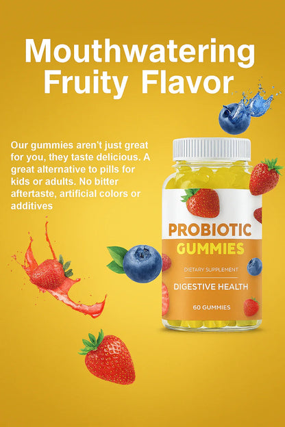 Confezione di gummy probiotici con fragole e mirtilli su uno sfondo giallo