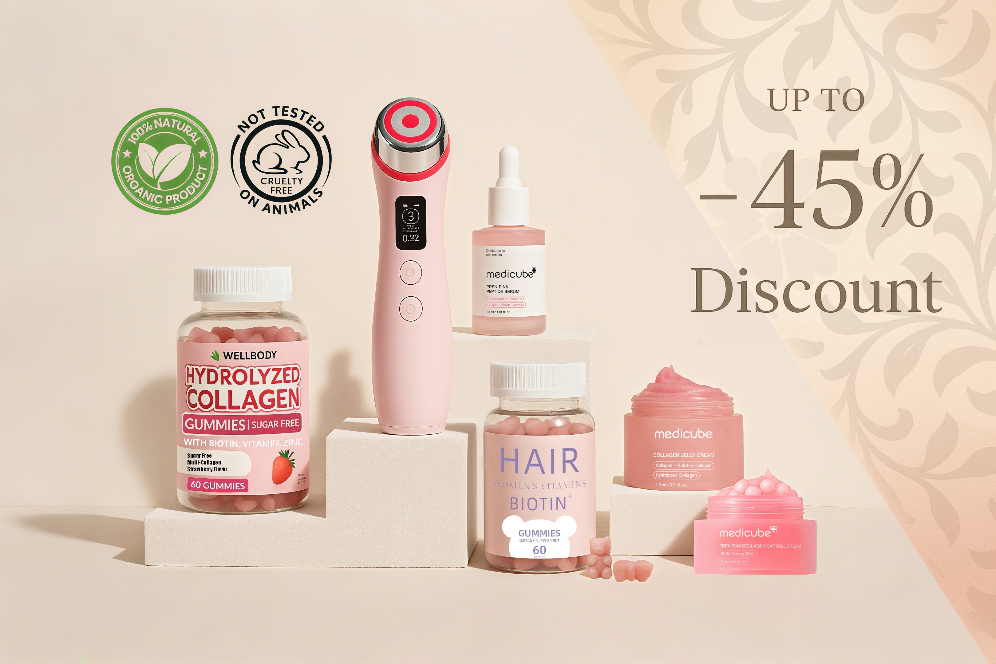 Collection of skincare and hair care products with a discount offer on a beige background