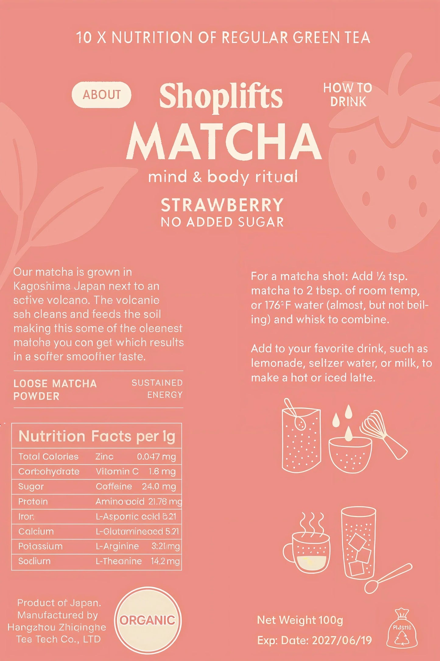 imballaggio del prodotto per shoplifts matcha strawberry con informazioni nutrizionali e istruzioni per l'uso su uno sfondo rosa.
