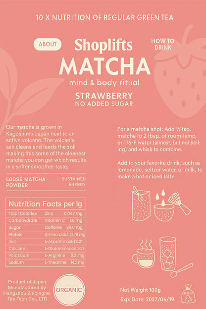 Imballaggio del prodotto per Shoplifts Matcha Strawberry con informazioni nutrizionali e istruzioni per l'uso su uno sfondo rosa.