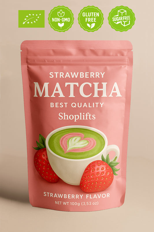 Strawberry Matcha product packaging with certification icons on a beige background