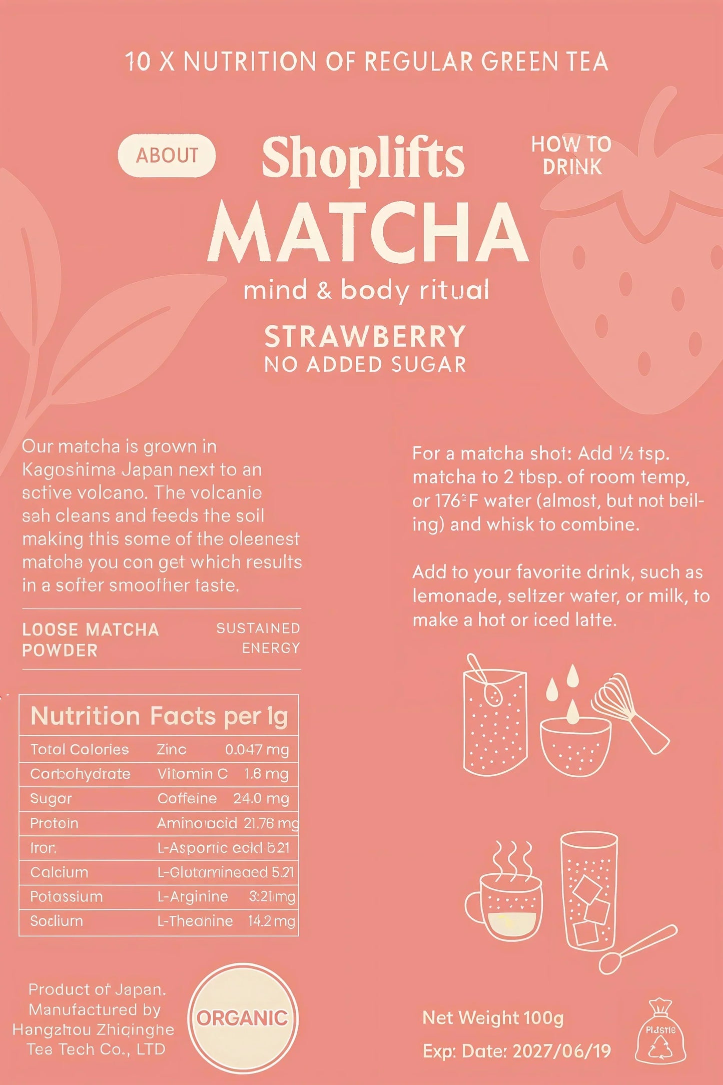 imballaggio del prodotto per shoplifts matcha strawberry con informazioni nutrizionali e istruzioni per l'uso su uno sfondo rosa.