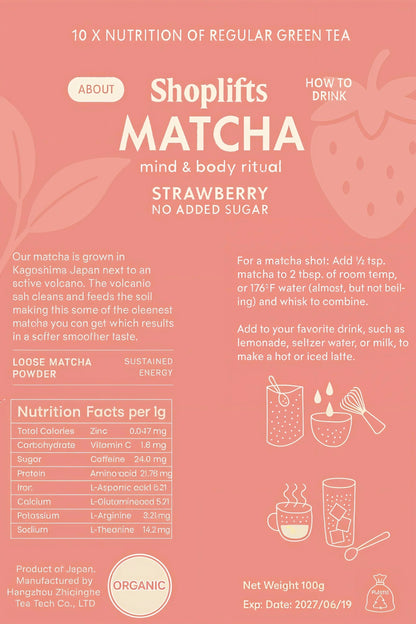Imballaggio del prodotto per Shoplifts Matcha Strawberry con informazioni nutrizionali e istruzioni per l'uso su uno sfondo rosa.